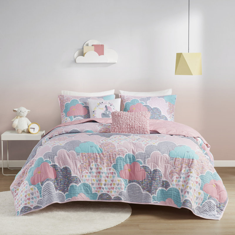 Cloud Hypoallergenic Cotton Reversible Coverlet Set with Throw Pillows, Twin Coverlet+1 Standard Sham+2 Throw Pillow, Pink