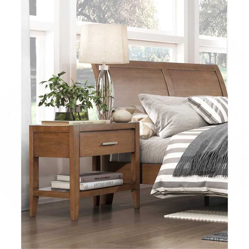 Table de chevet transitionnelle 1pc avec tiroir et tablette ouverte brun clair
