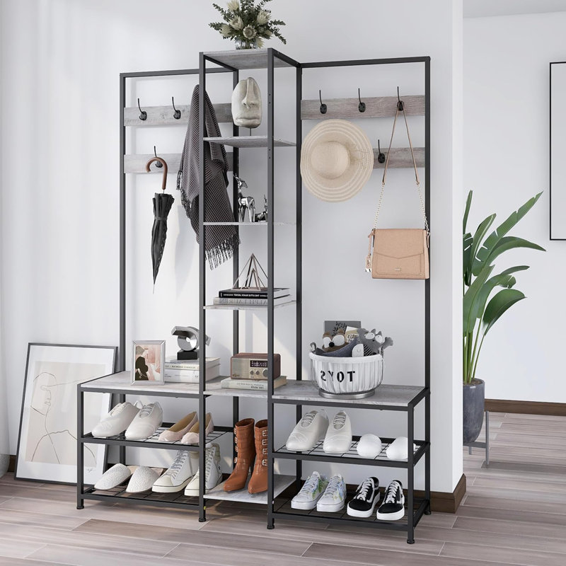 Corner Hall Tree Belt Shoe Rack Storage Bench Display Open Shelving Modern Industrial Entrance Clothing Rack Support, Gray