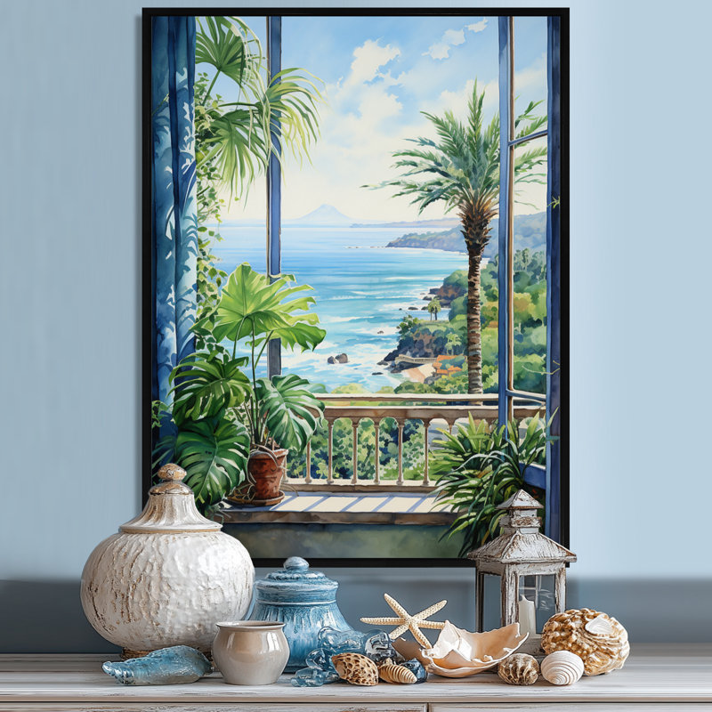 «Tropical Windows To The Beach II - Coastal Windows», art mural, Cadre flottant noir, H 32 po x l 24 po x P 1 po