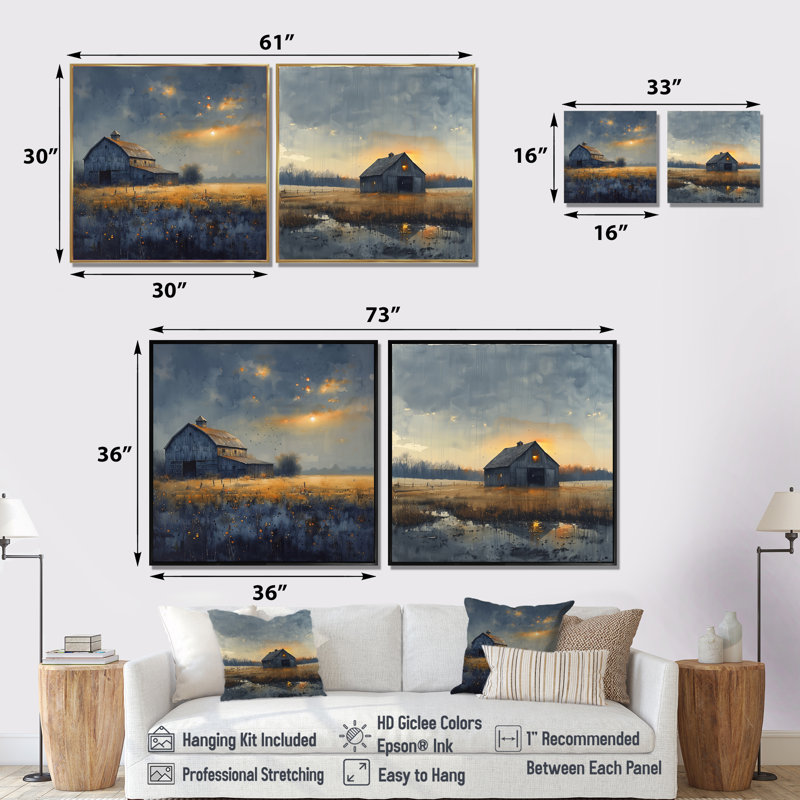 «Yellow Autumn Barn Golden Hour III» - art mural de grange - ensemble d'art mural traditionnel 2 pièces, H 30 po x l 61 po