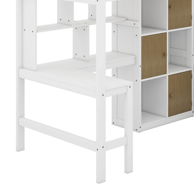 Lit mezzanine en bois avec bureau, DEL, tablettes de rangement, armoires et escalier, Blanc