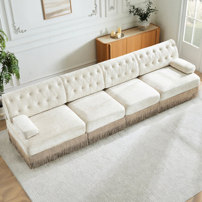 Velours beige, 4 sièges, jupe à pampilles, modulaire, mousse haute douce et confortable