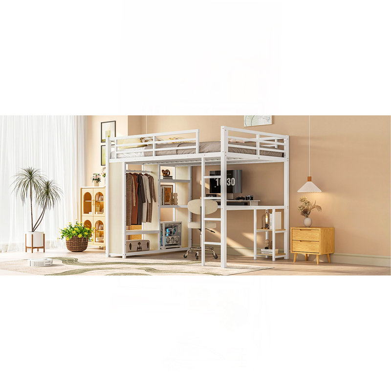 Queen Size Loft Bed Frame With Built-In Wardrobe, Metal Loft Bed With Desk And Storage Shelves, White Wood-Grain