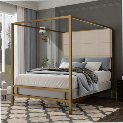 Modern Gold Canopy Bed With Tall Linen Fabric Upholstered Headboard, Sturdy Metal Frame, And Elegant Design For Queen Size Mattresses