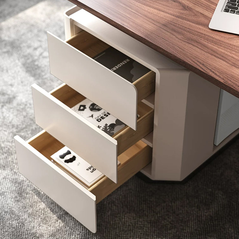 Bureau rectangulaire en noyer massif + bois manufacturé avec 3 tiroirs, Retour à gauche, H 29,53 po x l 62,99 po x P 27,56 po