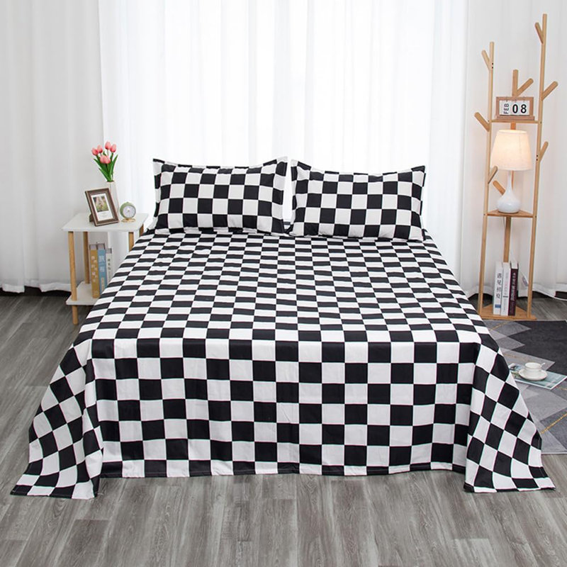 Grid Sheet Set 4 PCs Bedding Sheet Set 1 Fitted Sheet 1 Flat Sheet 2 Pillowcases, Black Checkered