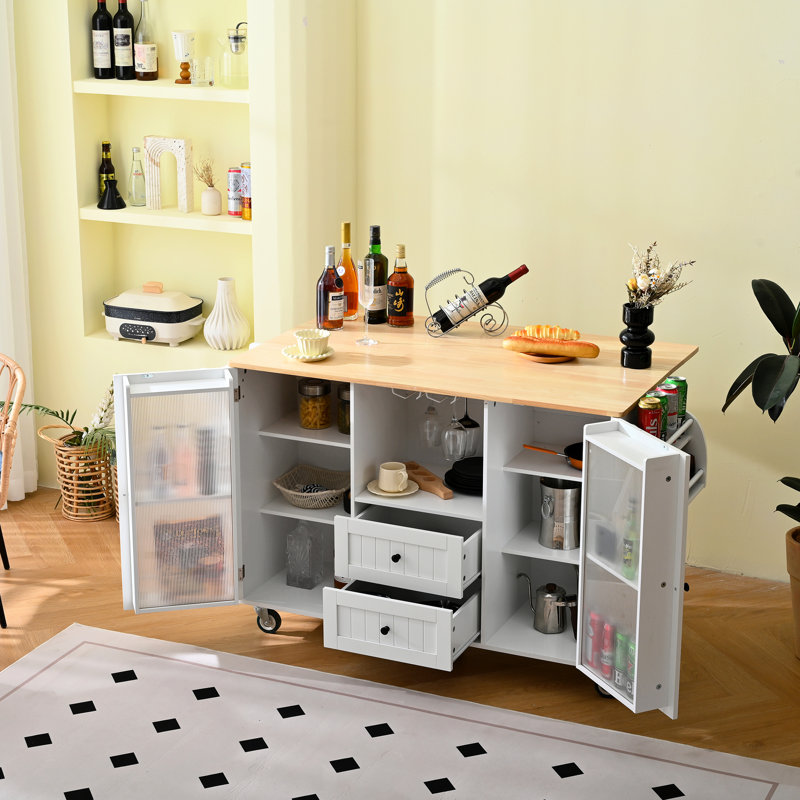 Chariot de rangement mobile pour îlot de cuisine sur roulettes avec plateau Dropleaf, porte-serviettes / épices, 2 tiroirs, armoire 2 portes, blanc