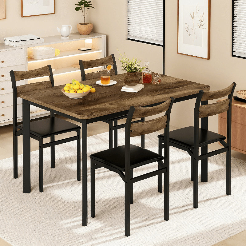 Dining Table Set For 4, 43.3" Kitchen Table And Chairs Set Of 4, 5-Piece Industrious Wood Dining Room Table Set With 4 Upholstered PU Leather Chairs For Small Space, Breakfast Nook, Apartment