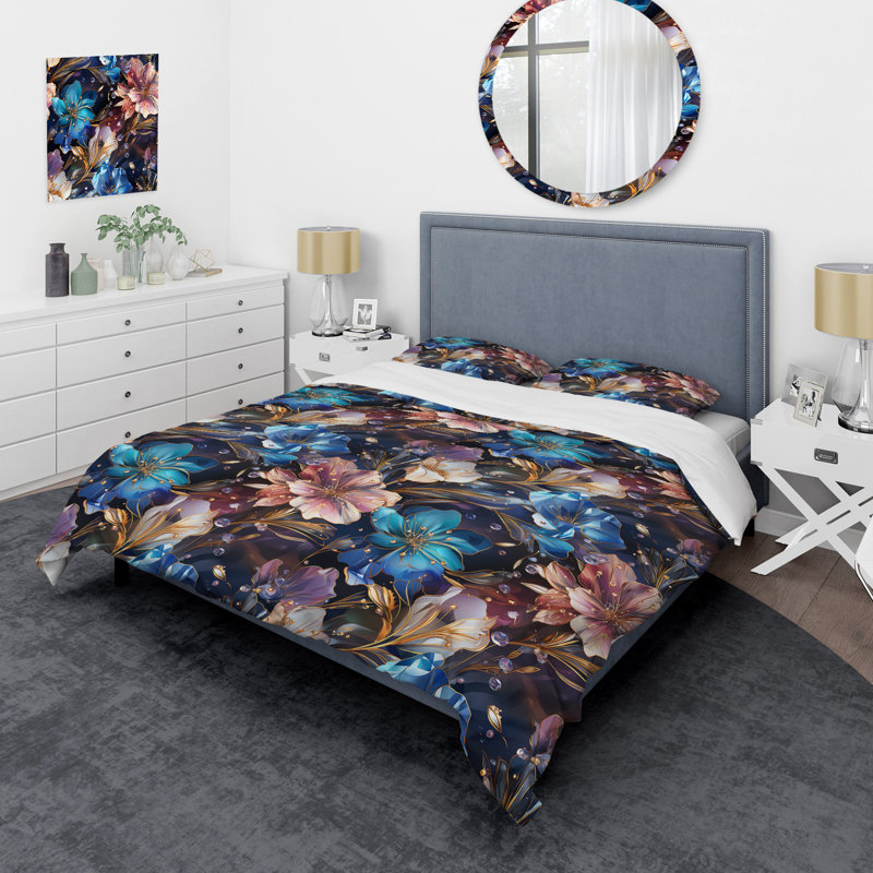 Ensemble de housse de couette en cristal bleu et rose opulent, Housse de couette simple + 1 taie décorative stan