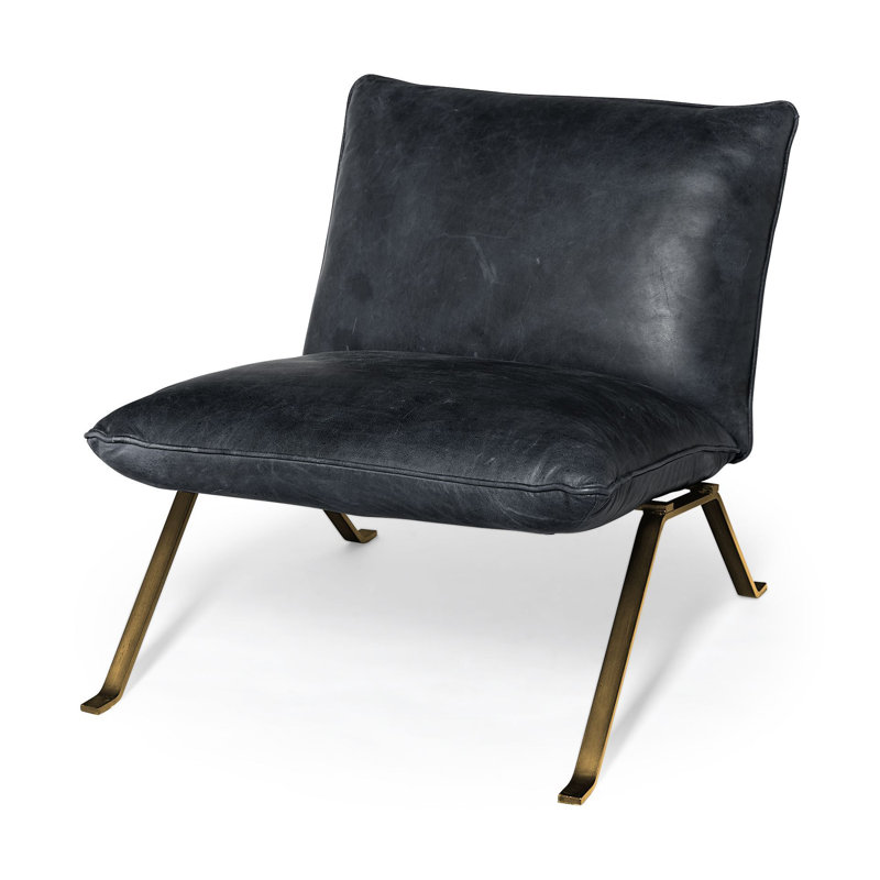 Upholstered Slipper Chair, Black Genuine Leather, Antiqued Gold