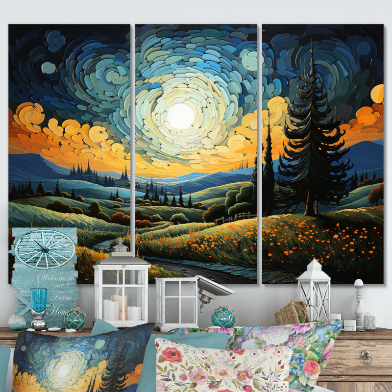 Vangogh, le cyprès oscillant III sur toile, 3 pièces, H 28 po x l 36 po x P 1 po