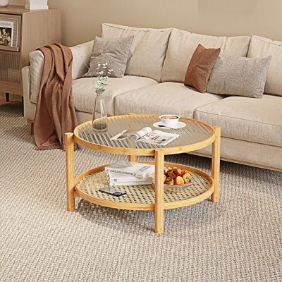 Table basse en rotin avec plateau et tablette en verre