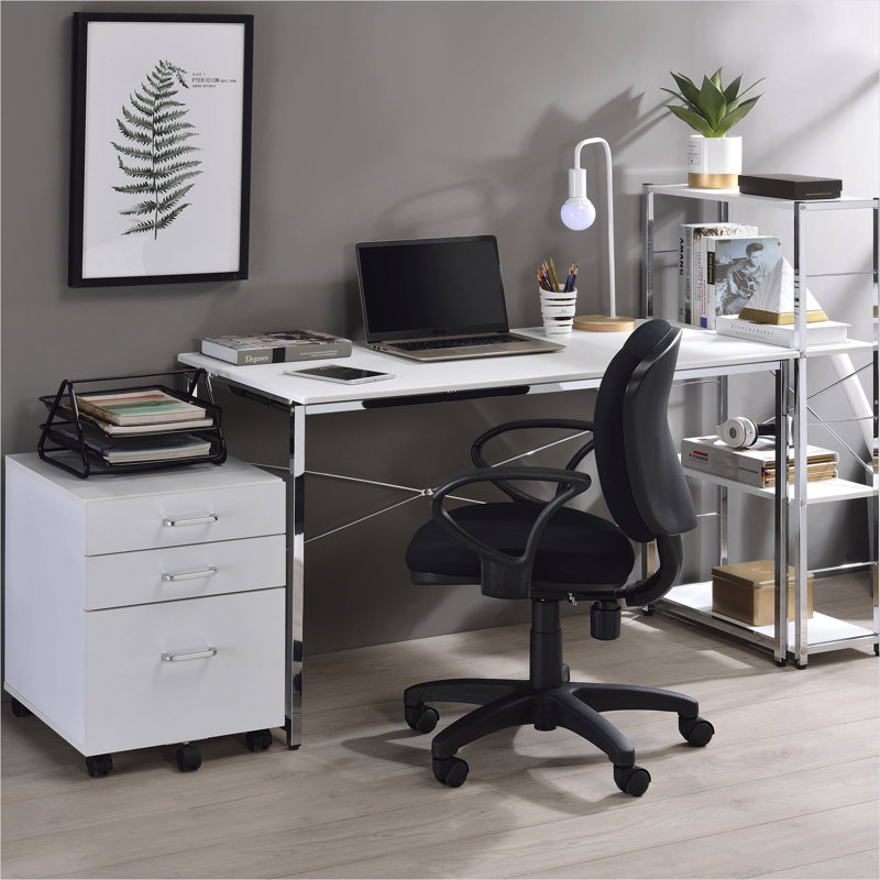 Bureau d'écriture pour bureau personnel, blanc pur et chrome, rectangle 47,5 po avec tablettes