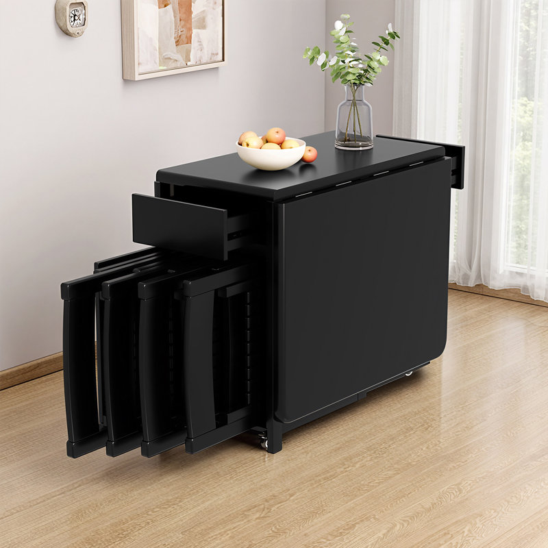 Folding Dining Table in Black Solid Wood, Mobile Table with Casters and 2 Storage Drawers, Compact Foldaway Design（Without Chairs） Fast Dispatch From UK Warehouse – Dispatched Within 2 Days