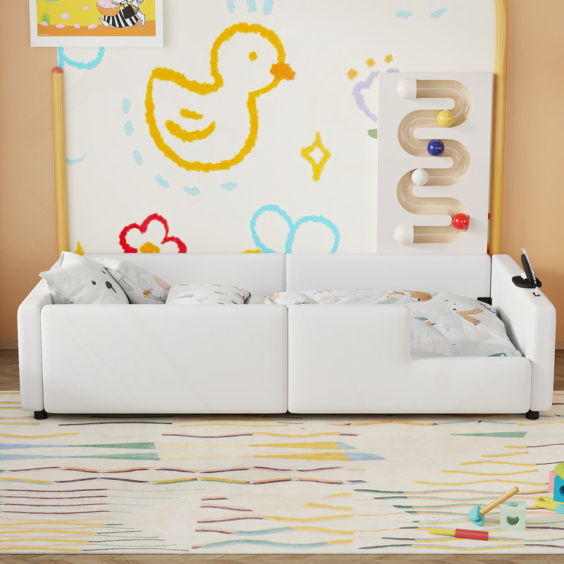 Lit plateforme simple tapissier avec garde-corps et station de charge, blanc