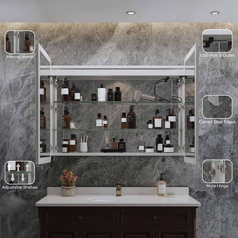 Daleah 48'' W x 32'' H LED Medicine Cabinet with Mirror, ETL Listed, Dimmable Lights, Anti-Fog Defogger, Adjustable Shelves, Extra-Large Storage, Rounded Edge, Recessed or Surface Mount, Frameless Design