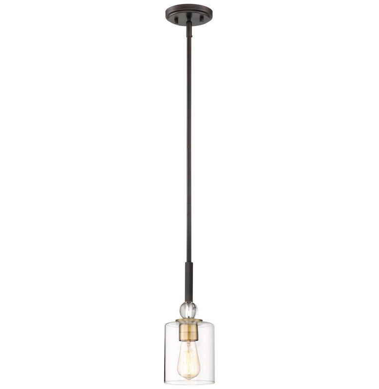 Ivy Bronx Friedman Clear Glass Pendant Light, Painted Bronze/Natural Brushed Brass, 12.25" H x 5" W x 5" D