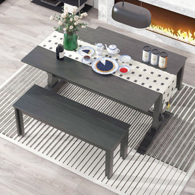 Ensemble de salle à manger rétro 3 pièces, table à tréteaux rectangulaire et 2 bancs en bois pour 4 personnes pour la salle à manger et la cuisine (gris)