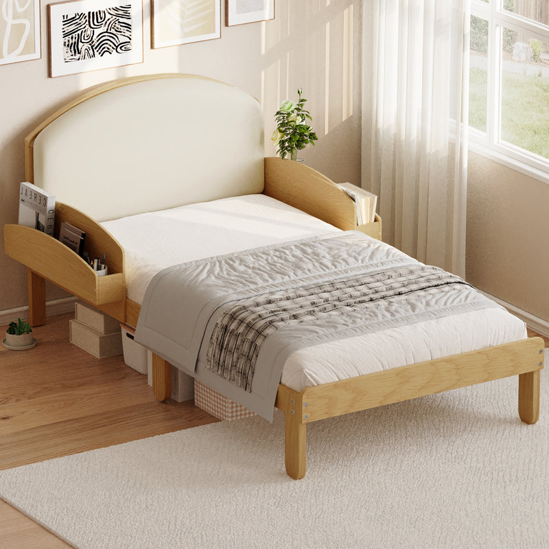 Lit plateforme Solenne Twin en bois avec tête de lit rembourrée et étagères de rangement latérales, Lit simple, Naturel