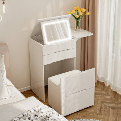 3-Light Flip Top Makeup Vanity Set W/ Stool, Folding Side Shelves & Drawers