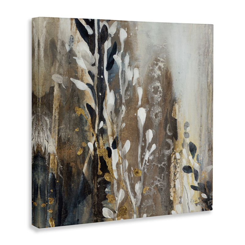 Peinture abstraite moderne brun-gris, plantes en cascade, encadré noir, art texturé par K. Nari, H 30 po x l 30 po
