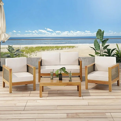 Outdoor Acacia Wood And Wicker Loveseat And Coffee Table Set With Cushions, Teak + Beige
