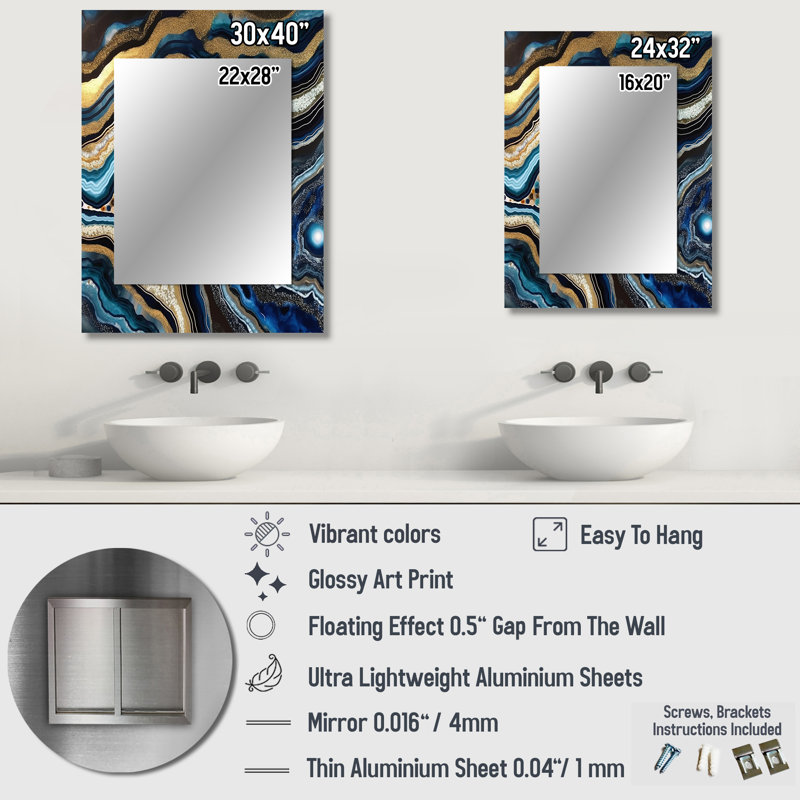 Géode dorée bleue - pierres précieuses, grand miroir mural décoratif traditionnel, art imprimé en métal, 32 po x 24 po