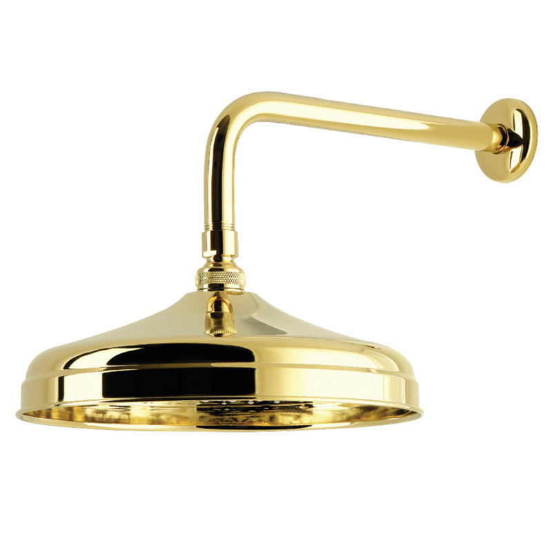 Pomme de douche ronde en laiton avec bras de douche de 12 po Kingston, Laiton poli