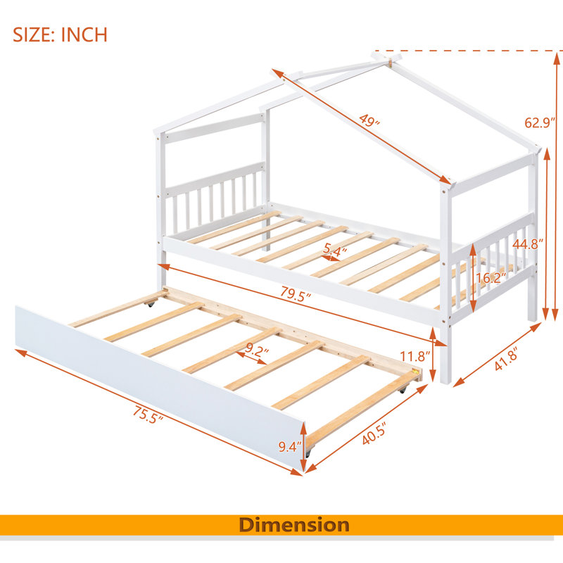 Lit en bois avec lit gigogne simple, Lit simple, Blanc