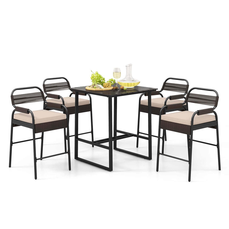 5-piece Counter Bar Set Patio Rattan Counter Set With Cushioned Seat