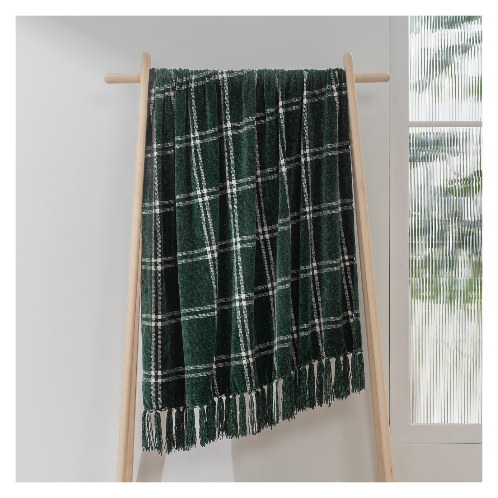 Soft Chenille Throw Blanket, 80" L x 60" W, Pine Green/White Plaid