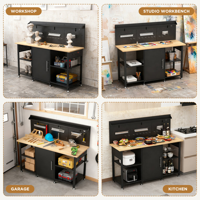 Établi 60 po avec armoire de rangement, plateau en bois, capacité de 2 000 lb, grande table de travail de garage avec panneau perforé, prise de courant de 60 po