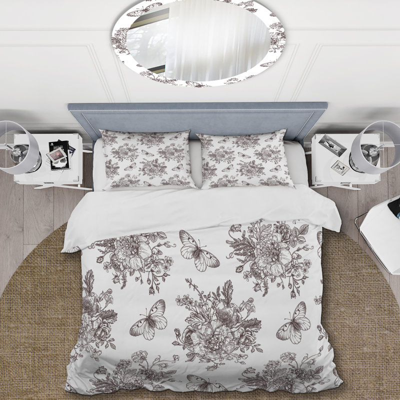 Fleurs et papillons I - Ensemble de housse de couette floral - Polyester en microfibre