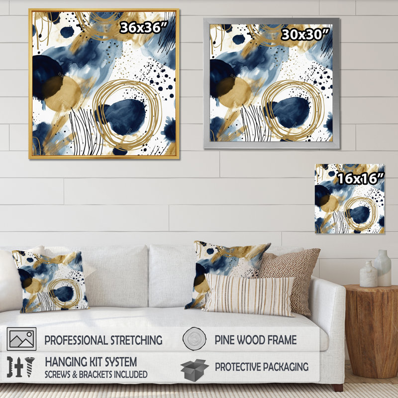 Motif abstrait avec textures bleues et dorées IV encadrée sur toile, H 24 po x l 24 po x P 1 po, Cadre simple noir