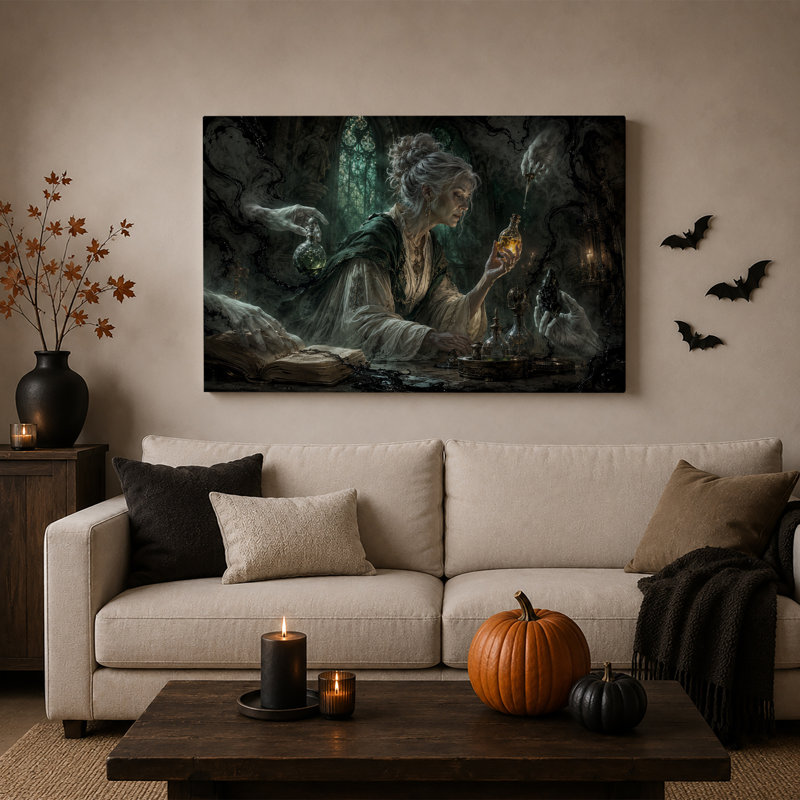 Alchimiste préparant une potion avec des mains flottantes - Toile murale d'Halloween, 16"H x 24"W