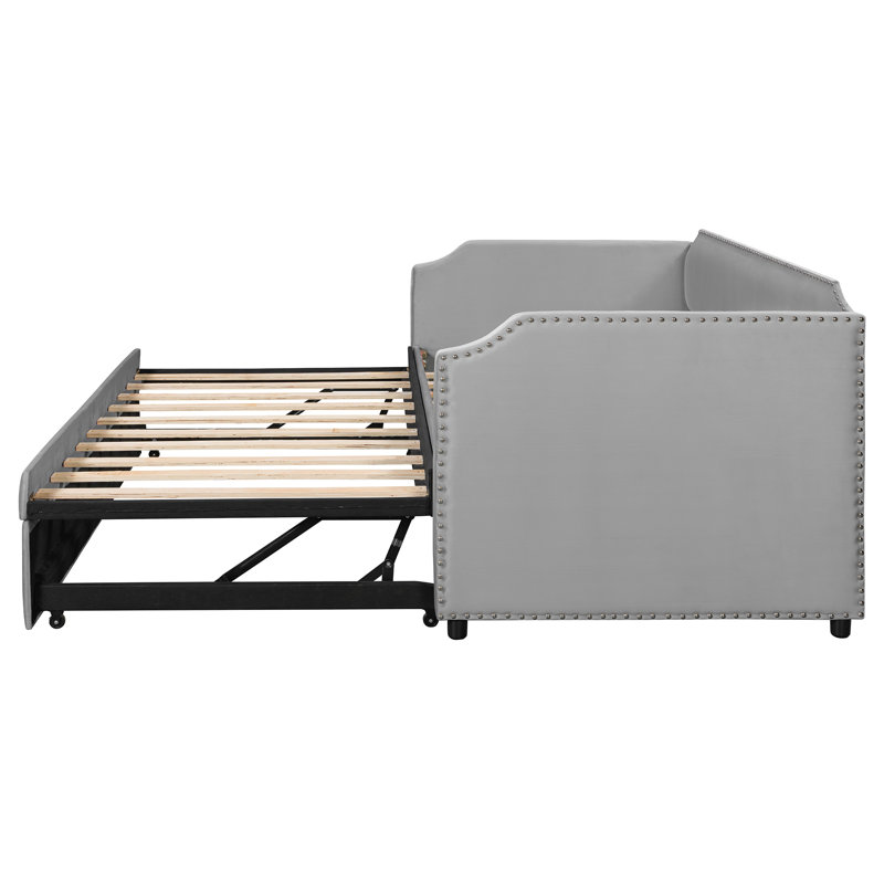 Twin-Size Gray Velvet Upholstered Daybed with Pop-Up Trundle, Gray