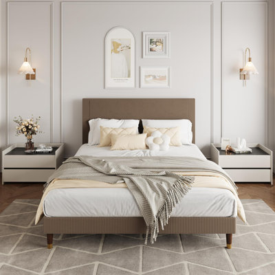 Base de lit plateforme avec tête de lit, cadre de lit rembourré en velours côtelé avec support en lattes de bois, aucun sommier nécessaire