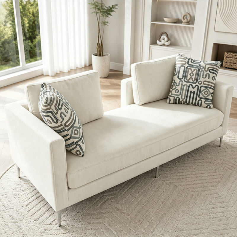 Chaise longue surdimensionnée en chenille avec dossier ouvert, accoudoirs et 4 coussins, Chenille ivoire