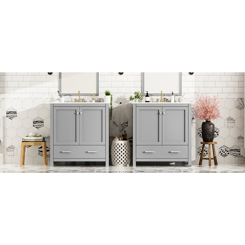 Meuble-lavabo gris 60 po avec lavabos doubles en céramique et tablette spacieuse - meuble de rangement élégant, Grey