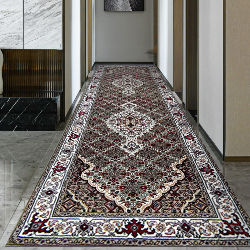 Tapis vert / brun / rouge noué à la main de haute qualité, Tapis de couloir 2 pi 6 po x 8 pi
