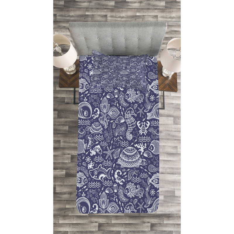 Navy Blue and White Twin Reversible Polyester Bedspread Set