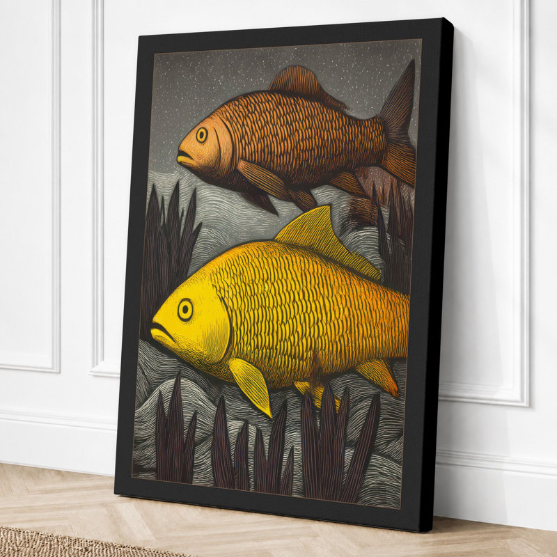 Two Fish In Study Botanical - Print, 30x20 - 76.2 x 50.8 cm, Black Border