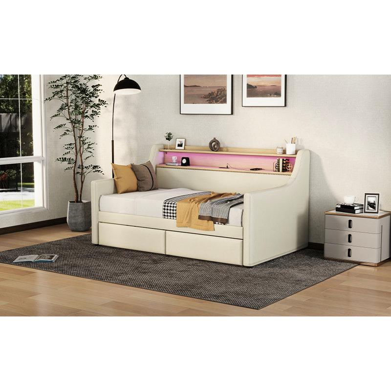 Lit de jour simple beige avec capacité de rangement, lumières à DEL et ports de charge pour des options de taille pratique, station avantage