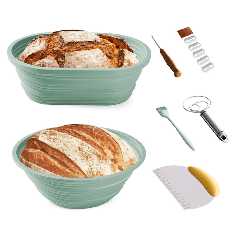 Ensemble de paniers de fermentation en silicone pour pain au levain – Paniers ronds de 23 cm et ovales de 25 cm avec fouet à pâte, lame, racloir et pinceau à huile, de qualité alimentaire, résistants au four jusqu'à 230 °C, pliables pour un rangement facile