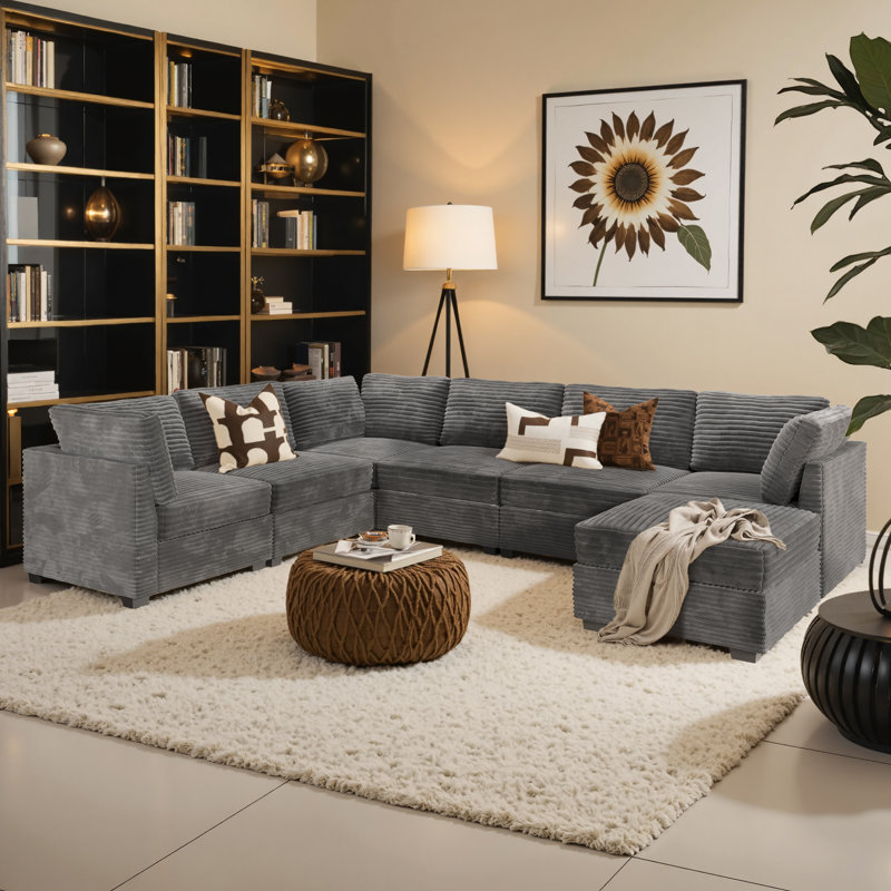 Hogle Modern Modular U-Shaped Sectional Plush Corduroy Sofa With Movable Ottoman, Wide Deep Seats For Living Room