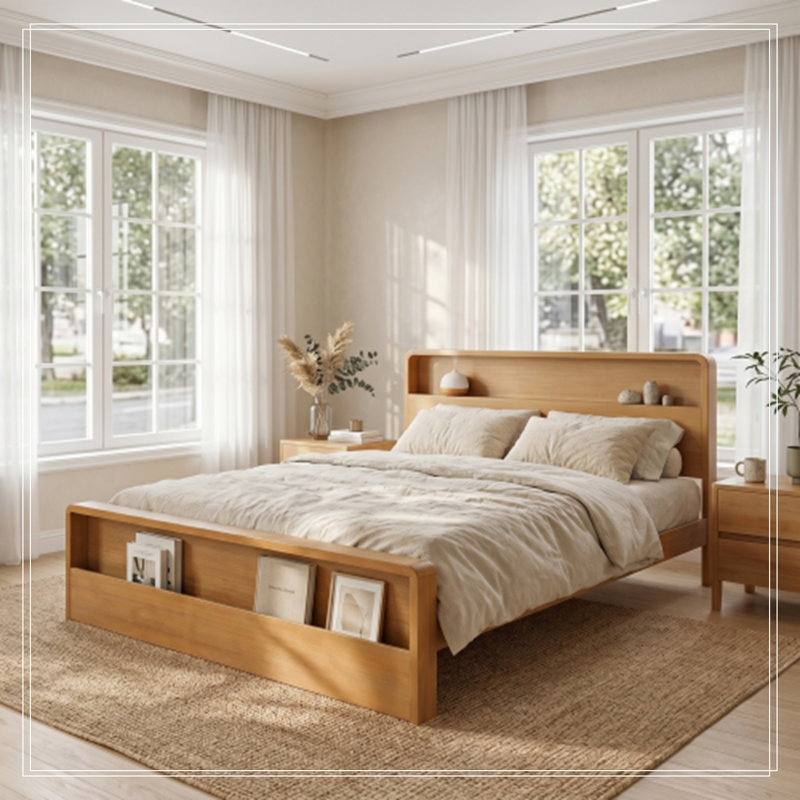 Cadre de lit Rigsby en bois pour lit king size avec tête et pied de lit à double rangement ouvert, Très grand lit