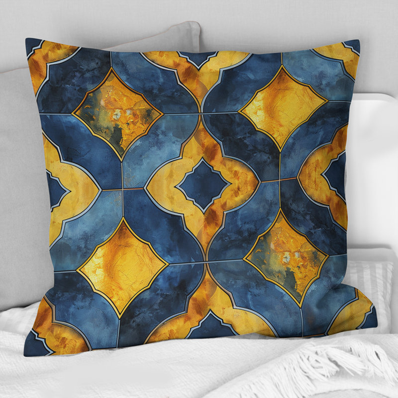 Bleu, jaune, moderne, losange I - coussin décoratif moderne, H 16 po x l 16 po