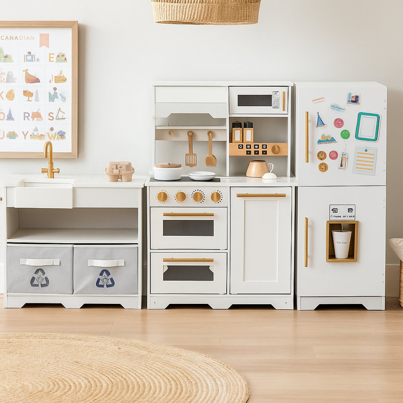 Teamson Kids Little Chef Atlanta Modular Play Kitchen with 17 Accessories and Interactive Toy Appliances, White/Gold