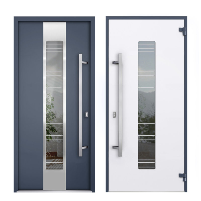 Porte avant en acier pré-suspendue à l'avant / deux en graphite gris 5755/2 fenêtres extérieures latérales et supérieures / inserts en acier inoxydable peints simples modernes - l 14 + 36 + 14 po x H 80 + 16 po - Ouverture à droite